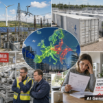 AI generated collage: Europe's clean energy grid curtailment crisis showing wind turbines, battery storage, EU energy map, Chinese manufacturing, and rising electricity bills
