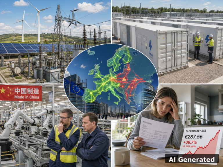 AI generated collage: Europe's clean energy grid curtailment crisis showing wind turbines, battery storage, EU energy map, Chinese manufacturing, and rising electricity bills