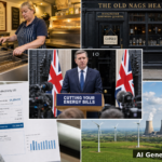 AI generated collage: fish and chip shop, closed pub, Downing Street press conference, electricity bill, wind turbines and gas plant