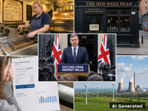 AI generated collage: fish and chip shop, closed pub, Downing Street press conference, electricity bill, wind turbines and gas plant