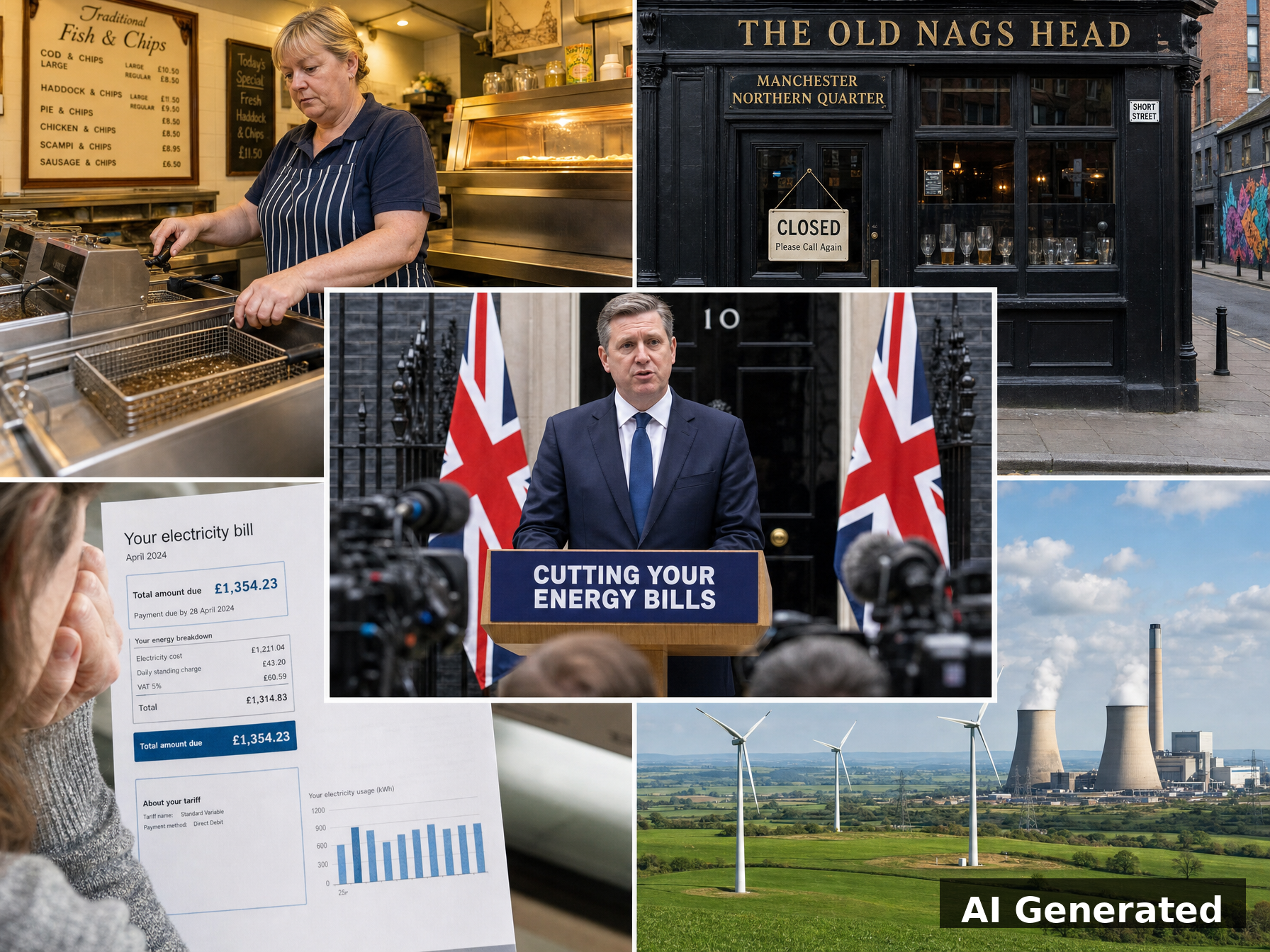 AI generated collage: fish and chip shop, closed pub, Downing Street press conference, electricity bill, wind turbines and gas plant