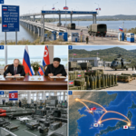 AI Generated collage showing Russia-North Korea bridge alliance, treaty signing, military arsenal, soldiers, and strategic map