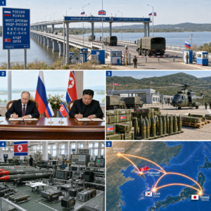 AI Generated collage showing Russia-North Korea bridge alliance, treaty signing, military arsenal, soldiers, and strategic map