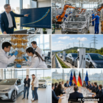 AI generated collage: Energy chart, VW factory, quantum lab, EV charging, dealership, Berlin politics