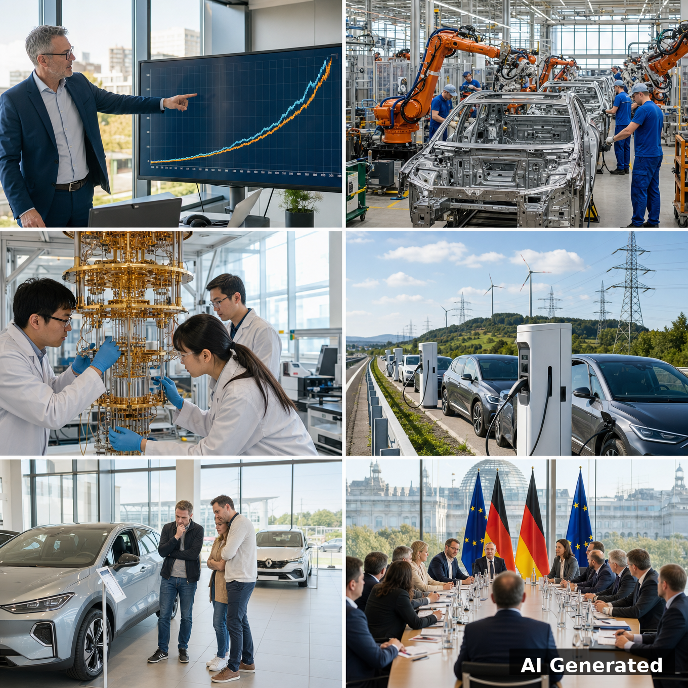 AI generated collage: Energy chart, VW factory, quantum lab, EV charging, dealership, Berlin politics