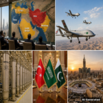 Collage géopolitique avec carte, drones, usines et drapeaux