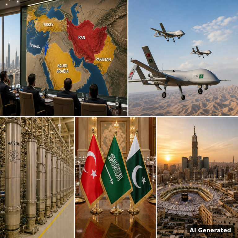 Collage géopolitique avec carte, drones, usines et drapeaux