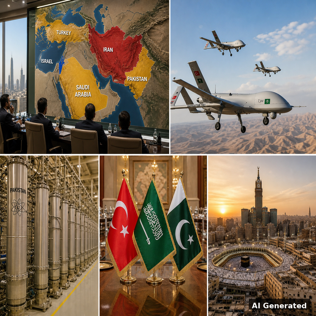 Collage géopolitique avec carte, drones, usines et drapeaux