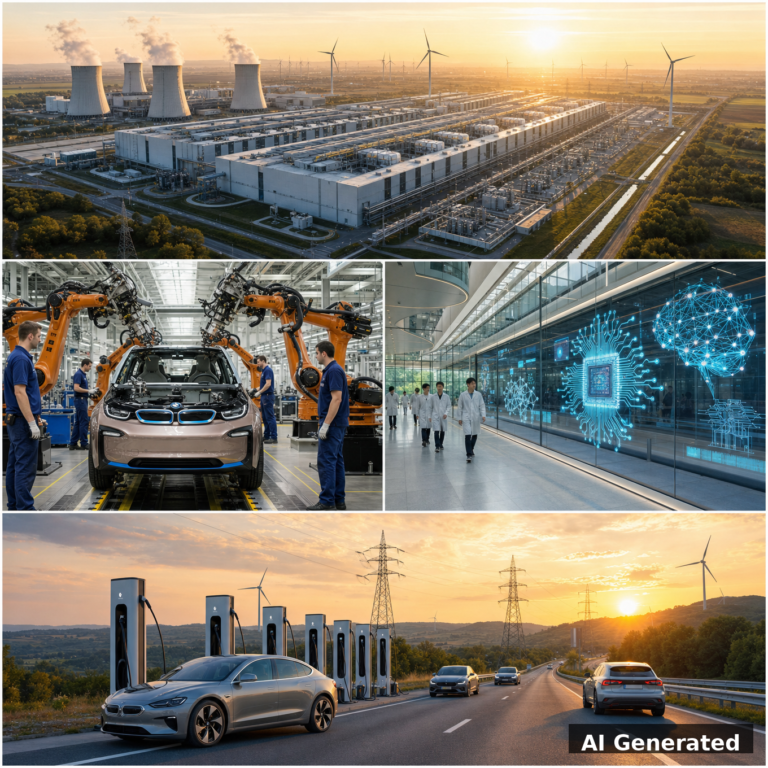 AI generated collage: Data centre campus, BMW factory, Chinese tech HQ, autobahn sunset