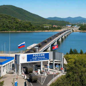 AI Generated photo of Russia-North Korea Friendship Bridge at Khasan checkpoint with military trucks