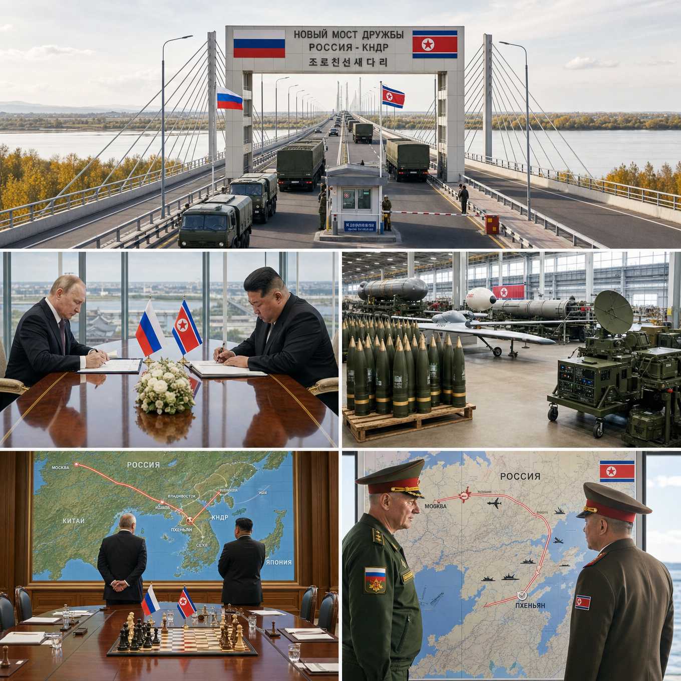 AI Generated collage: Russia-North Korea bridge, treaty signing, weapons arsenal, strategic maps