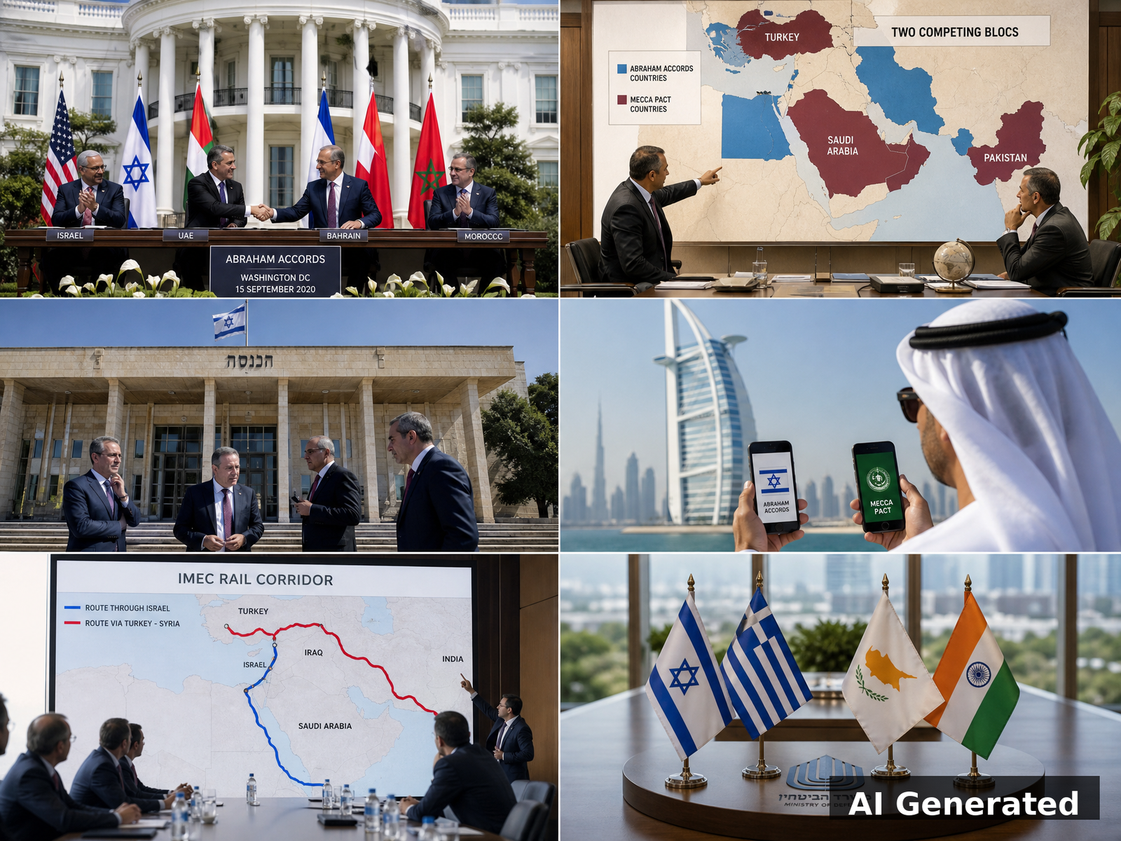 AI generated cover image: Abraham Accords versus Mecca Pact two competing Middle East blocs