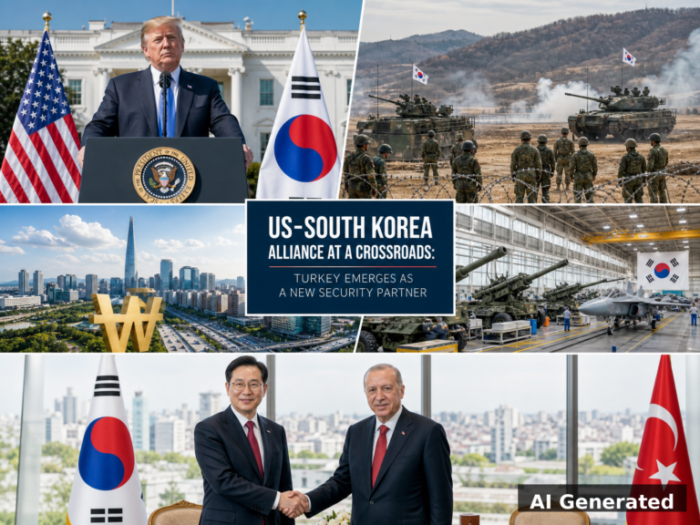 AI Generated editorial collage: US-South Korea alliance crisis and Turkey partnership