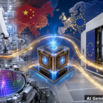 AI generated collage showing semiconductor fab, quantum processor, China and EU maps connected by data streams