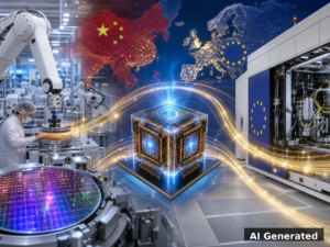 AI generated collage showing semiconductor fab, quantum processor, China and EU maps connected by data streams