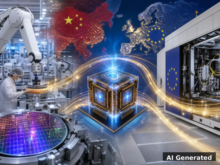 AI generated collage showing semiconductor fab, quantum processor, China and EU maps connected by data streams