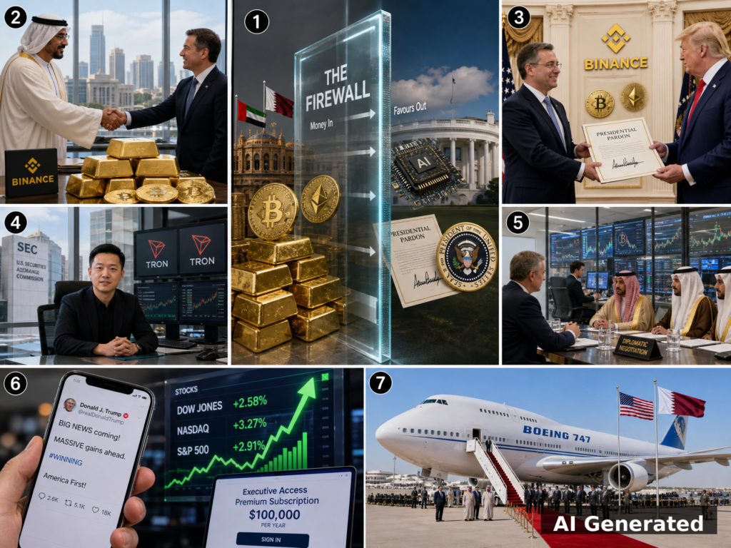 AI generated editorial collage depicting the firewall pattern between foreign government money and US policy decisions