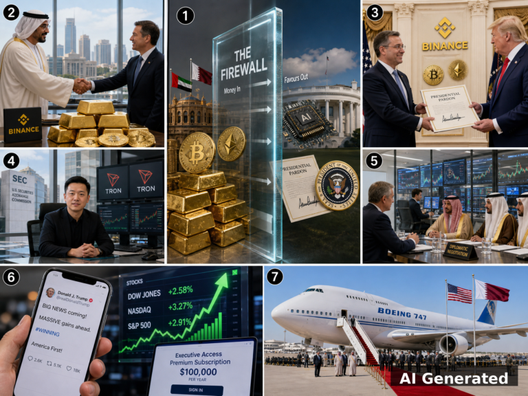 AI generated editorial collage depicting the firewall pattern between foreign government money and US policy decisions