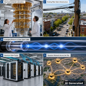 AI generated collage depicting quantum networking breakthrough over fiber optic cables
