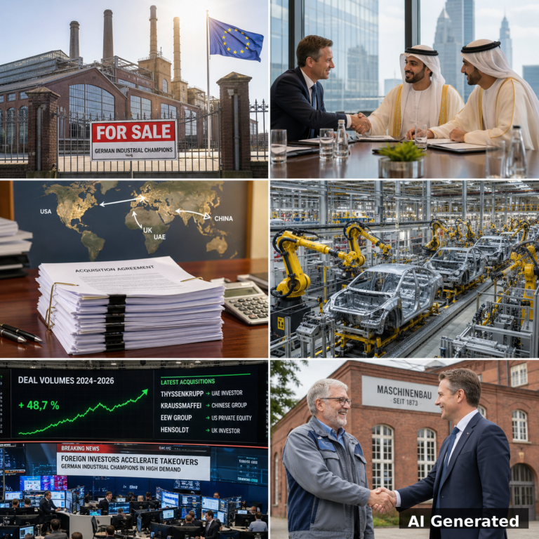 AI Generated editorial collage of German industrial sell-off to foreign investors 2024-2026