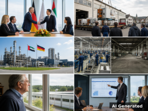 AI generated collage: German manufacturing foreign takeover hollowing-out test