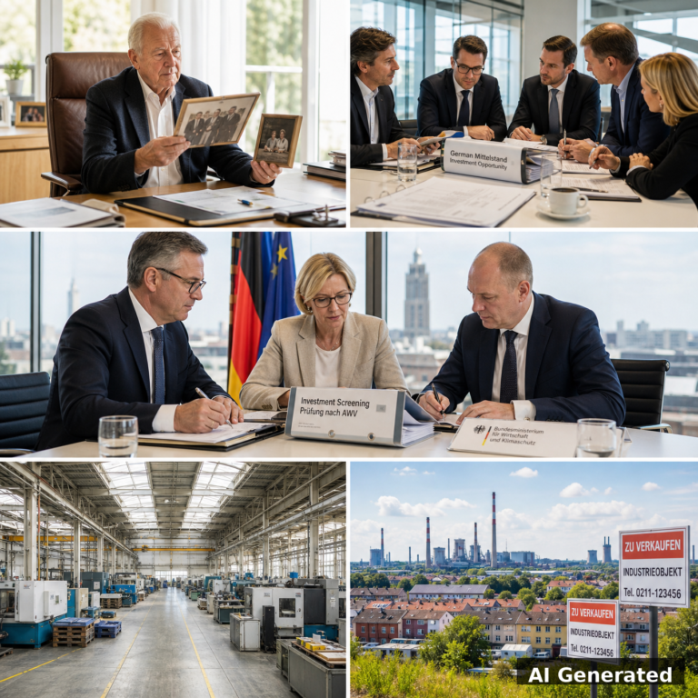 AI generated cover image: German industry sell-off, succession crisis, private equity, investment screening