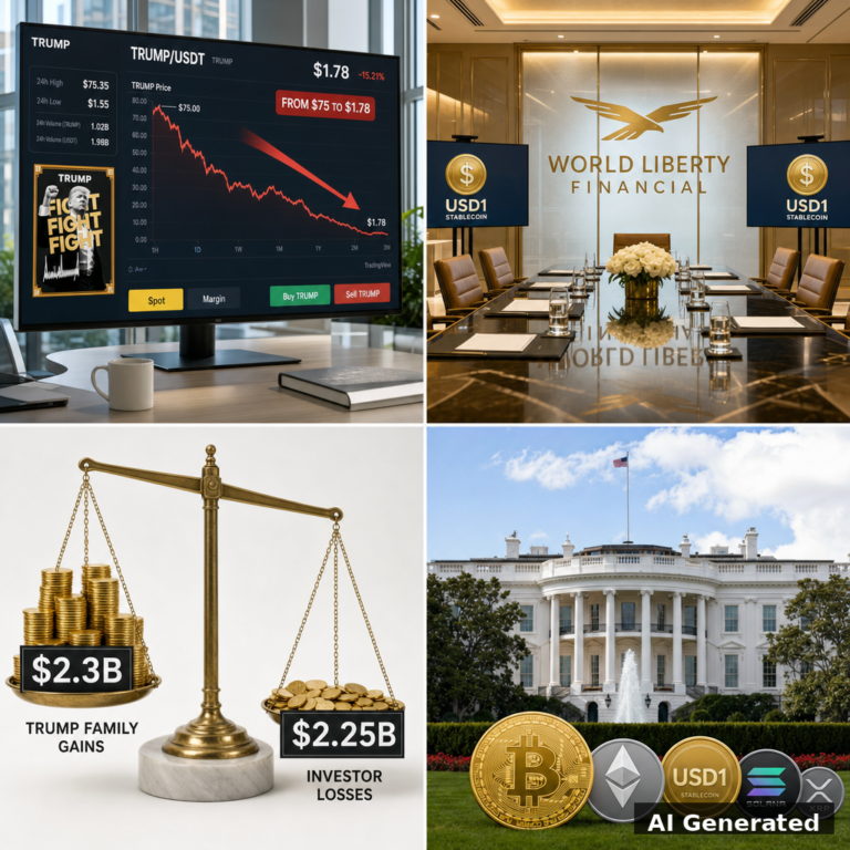 AI generated editorial collage of Trump family crypto empire