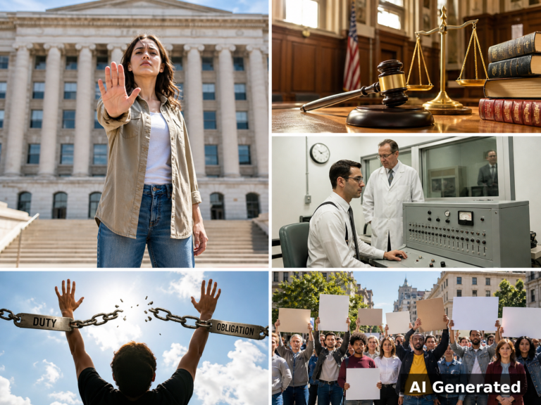 AI generated cover image: philosophical collage about individual conscience and state power
