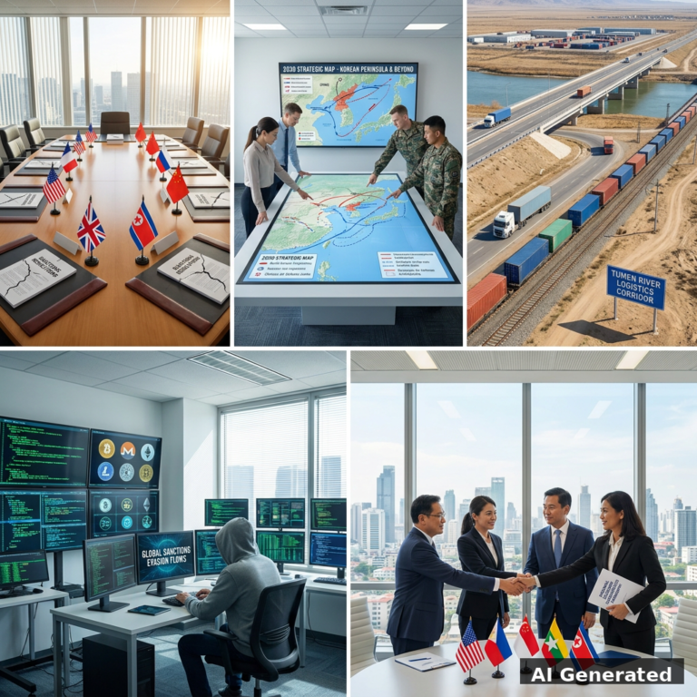 AI generated cover image: North Korea escapes containment through sanctions evasion, military modernization, Russia-China ties, and Southeast Asian hedging.