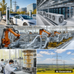 AI generated collage: EV charging, data centers, German car factory, Chinese quantum lab, power grid