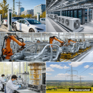 AI generated collage: EV charging, data centers, German car factory, Chinese quantum lab, power grid