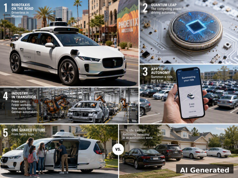 AI Generated collage: robotaxis, quantum computing, shared mobility, German auto industry decline