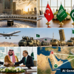 AI generated editorial collage of Turkey, Saudi Arabia, and Pakistan Mecca Pact defense agreement