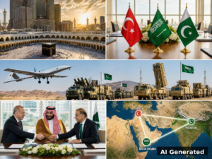 AI generated editorial collage of Turkey, Saudi Arabia, and Pakistan Mecca Pact defense agreement