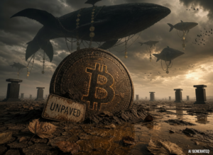 Giant Bitcoin coin in cracked desert beneath flying whales