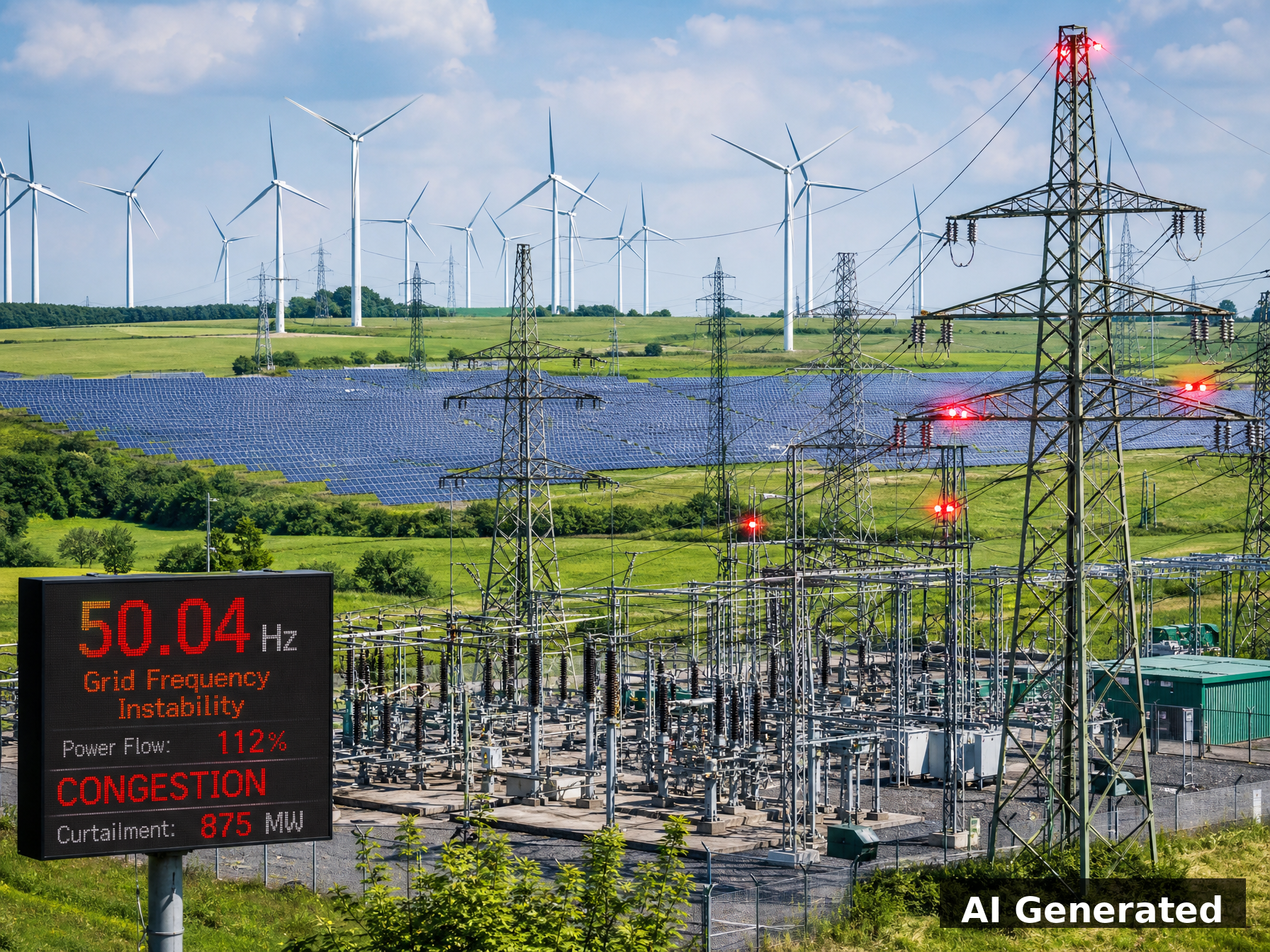 AI generated image: Europe's wind turbines and solar panels with congested power lines and grid frequency instability display