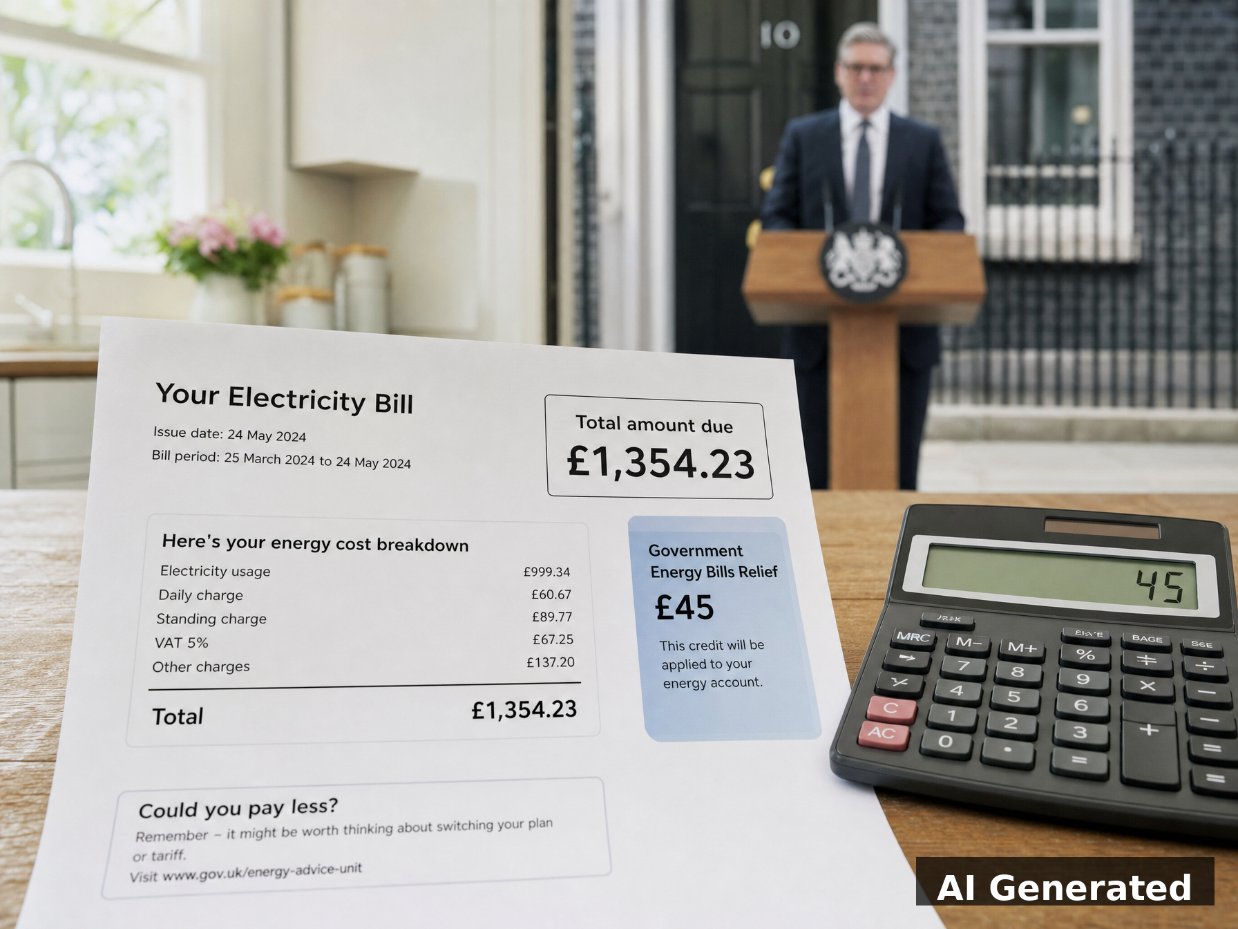 AI generated image of UK electricity bill and calculator showing the gap between relief and actual costs