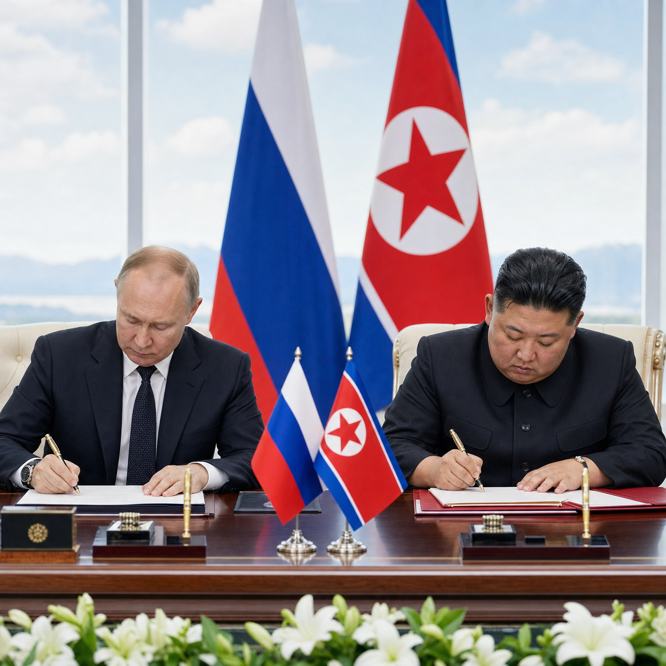 Russische und nordkoreanische Führer unterzeichnen einen Vertrag über strategische Partnerschaft an einem diplomatischen Tisch