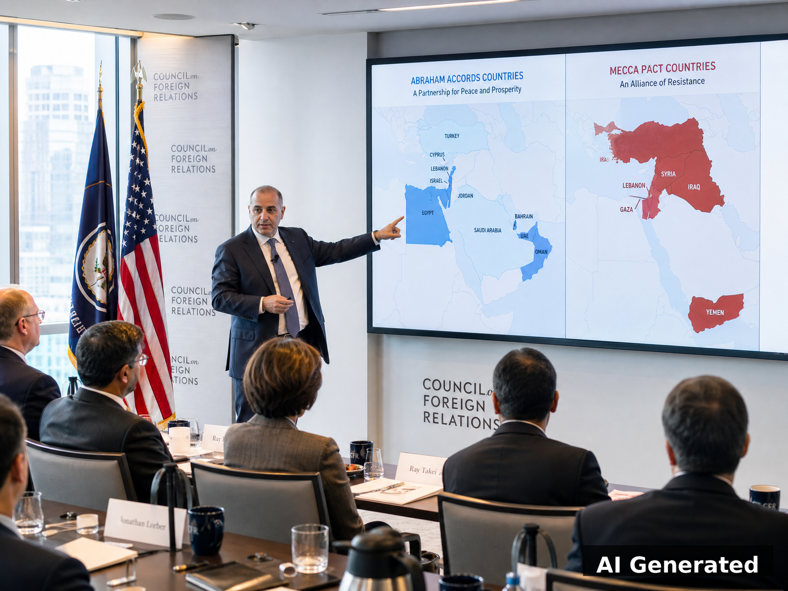 Two competing diplomatic tables — Abraham Accords vs Mecca Pact — bright conference room