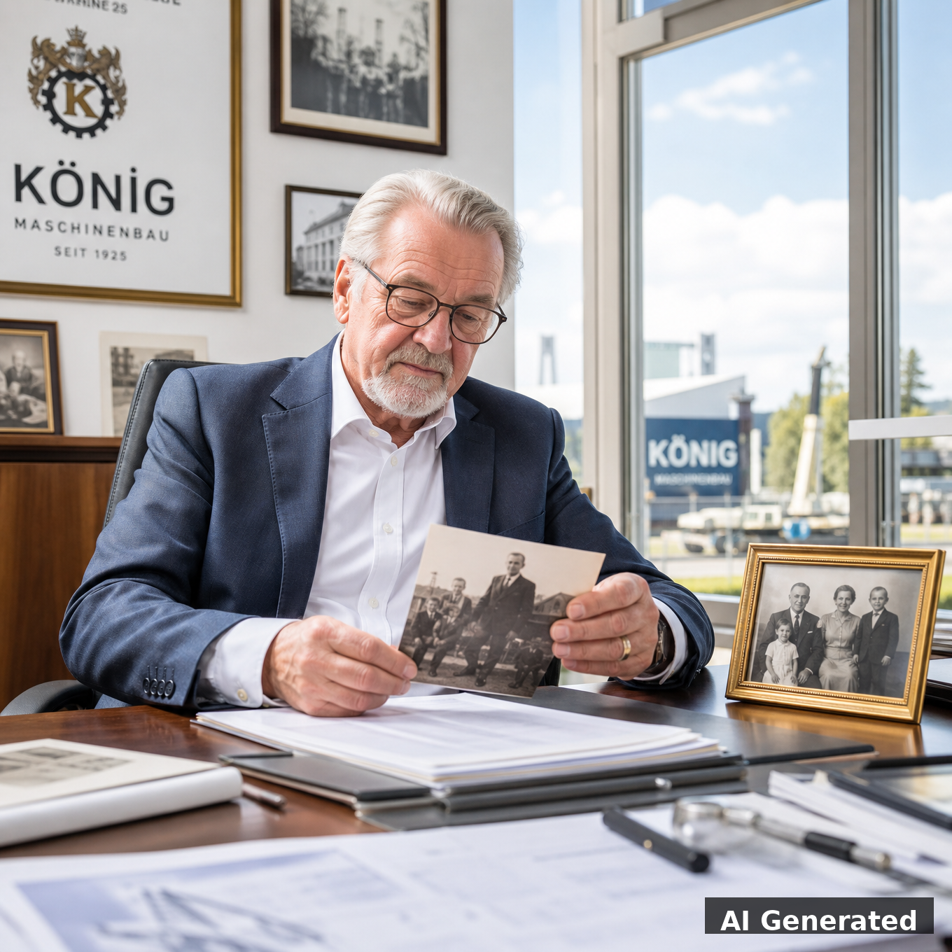 Elderly German factory owner looking at family photos, symbolizing succession crisis