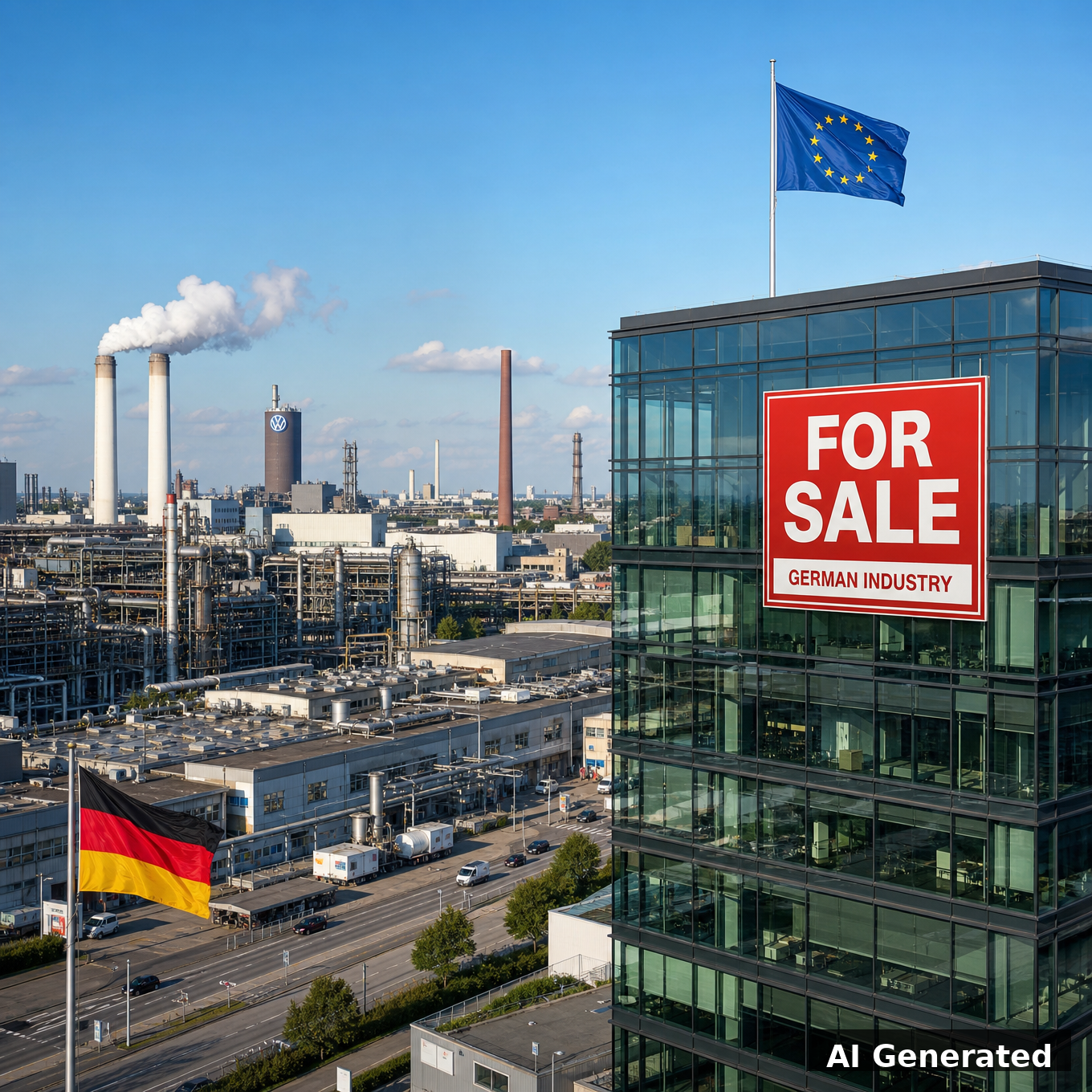 Montage générée par l’IA montrant les prises de contrôle étrangères d’entreprises industrielles allemandes