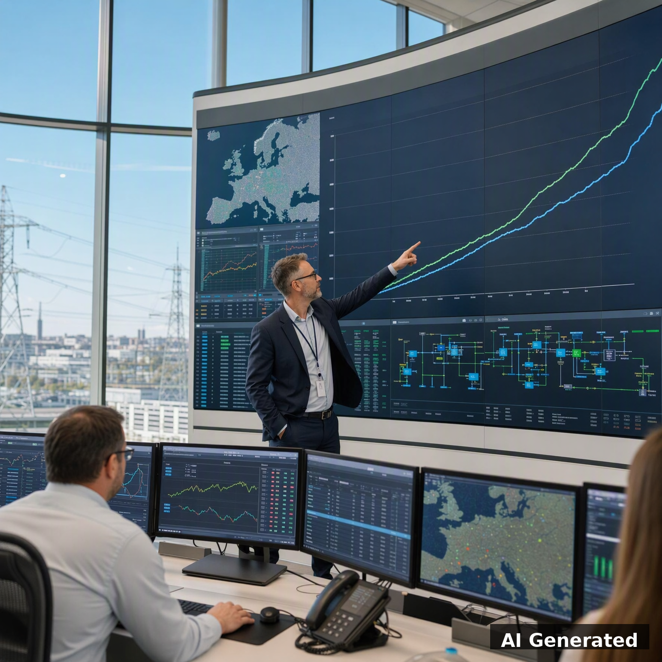 European energy grid control room with demand curves on display