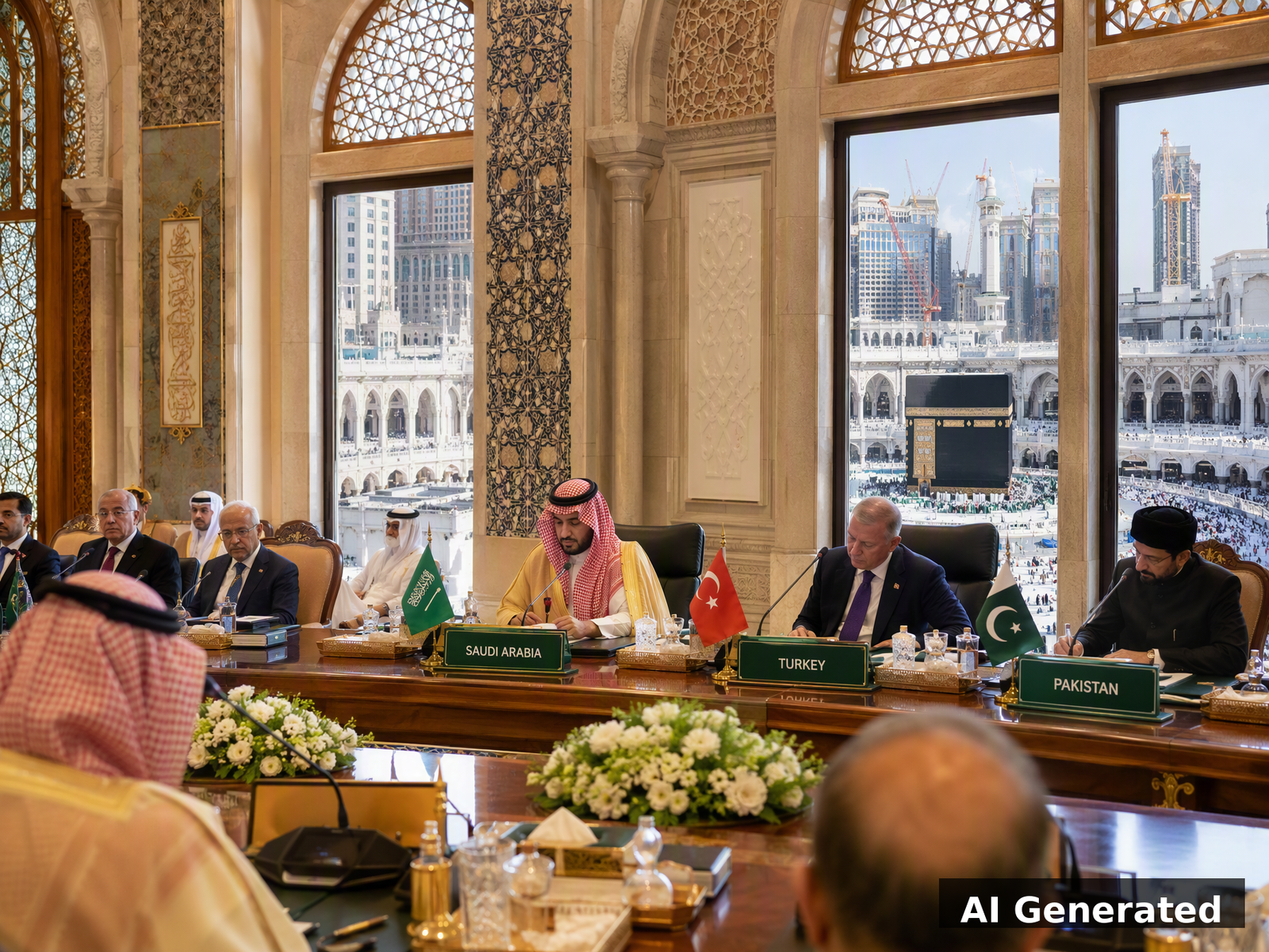 Diplomatic summit in Mecca with Islamic architectural elements