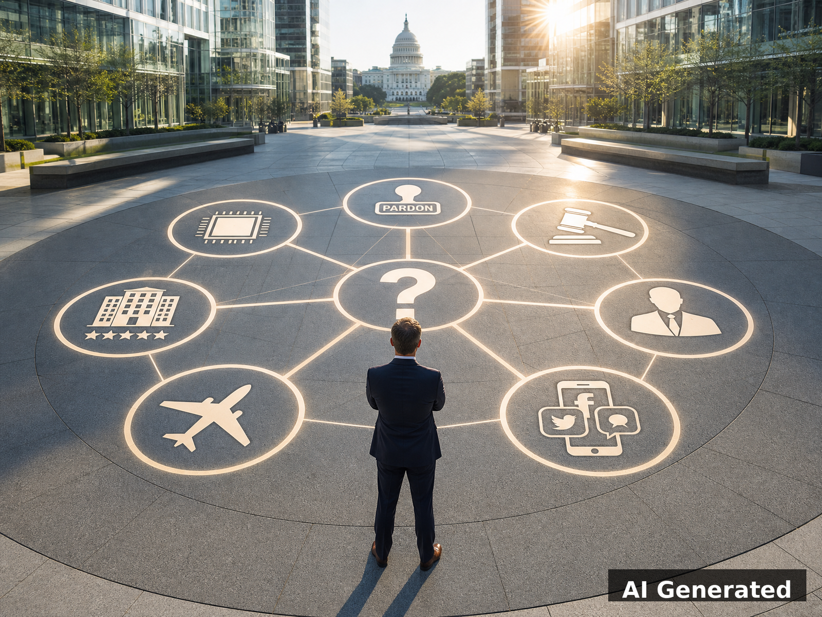 Person standing at crossroads looking at pattern of seven connected circles representing all cases