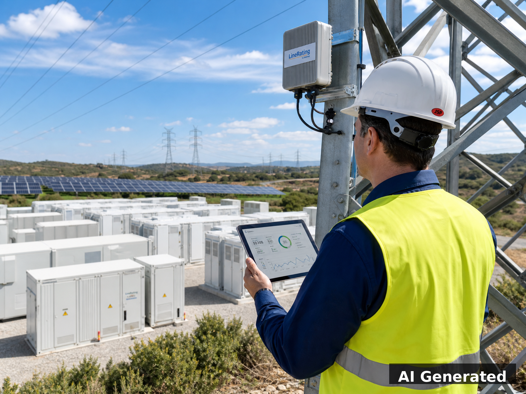 AI generated image: Grid-scale battery storage facility with dynamic line rating sensors on transmission towers