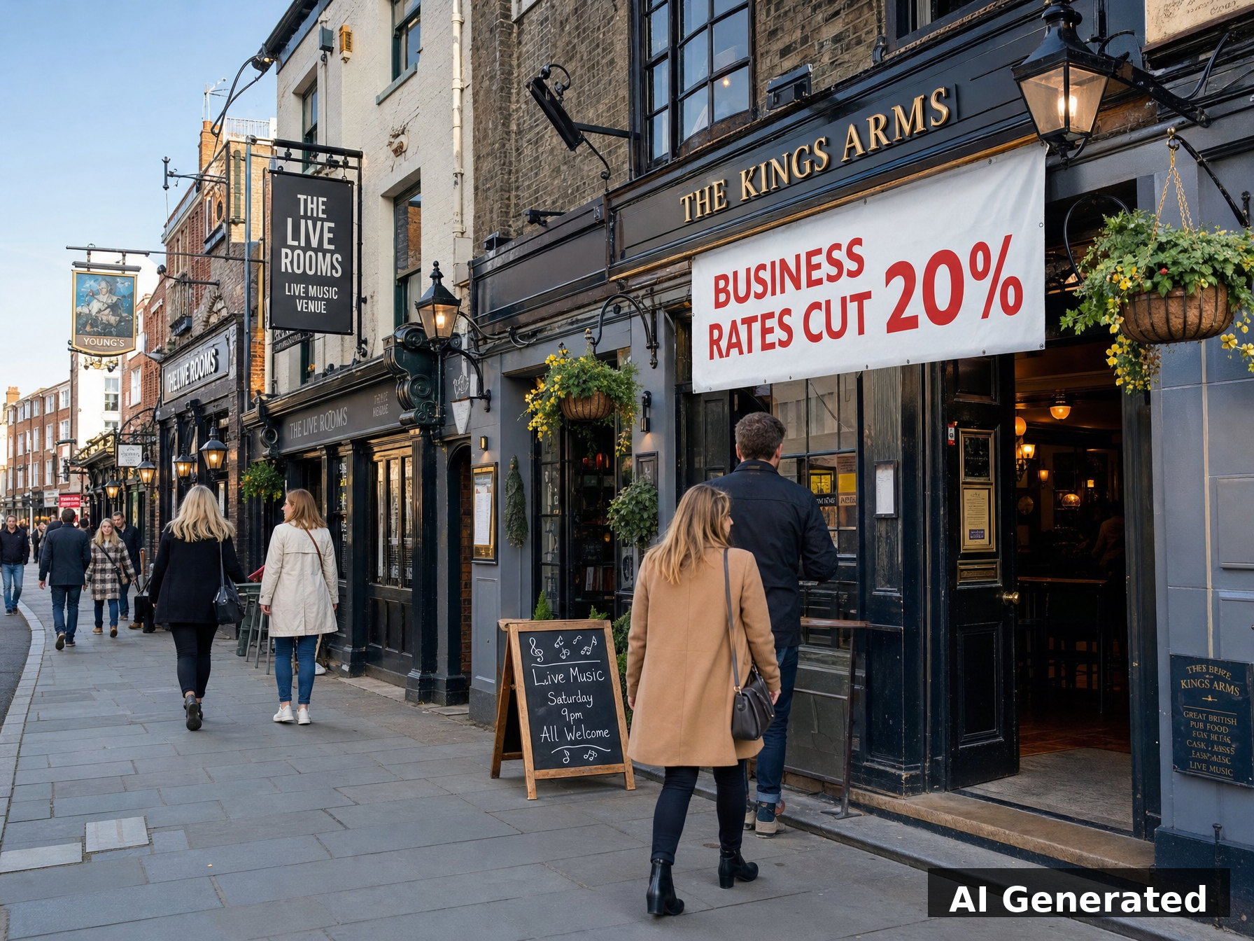 AI generated image of British pubs with business rates cut banner, customers entering