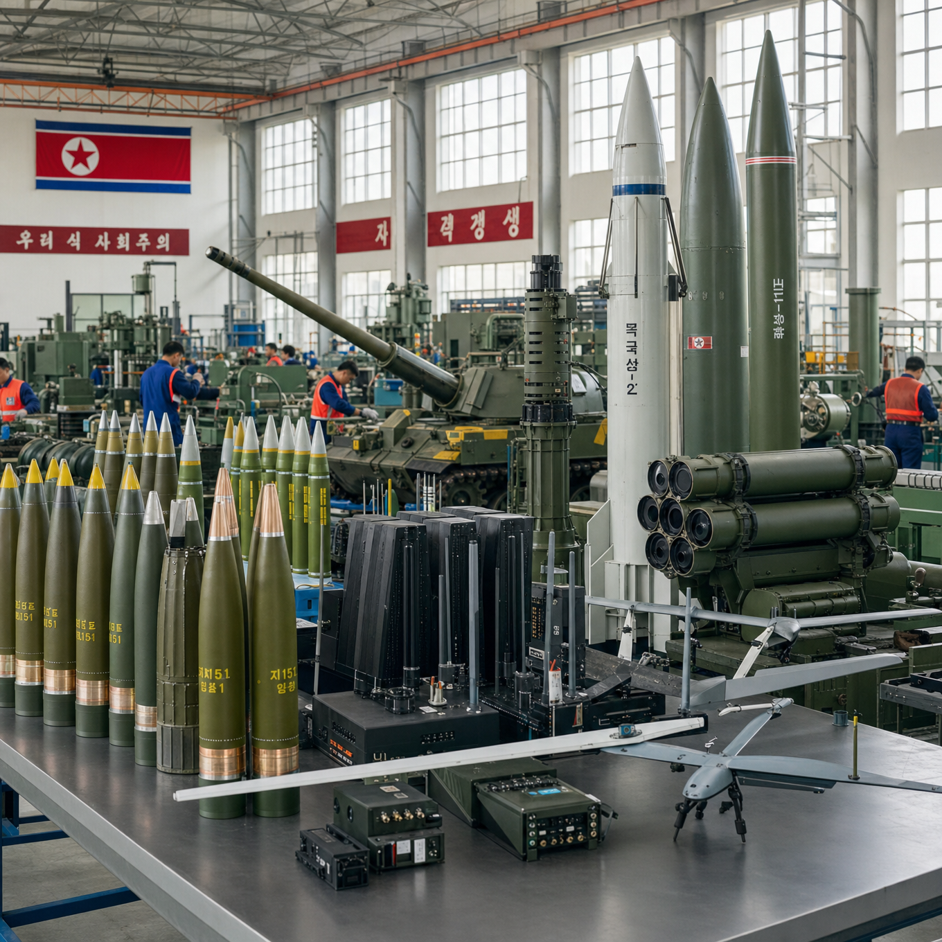 Nordkoreanische Waffenfabrik mit Raketen, Artilleriemunitionen, Drohnen und elektronischer Kriegsführungsausrüstung