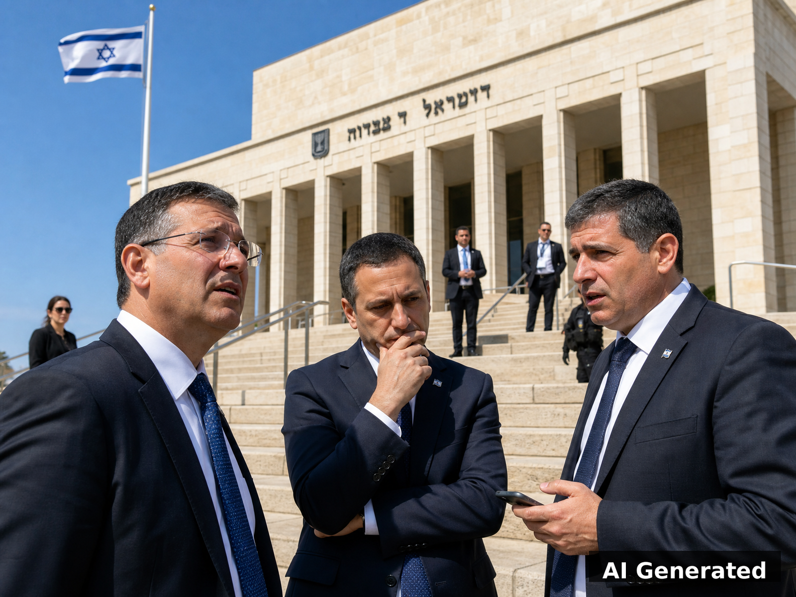Israeli official looking out window with concern, modern Jerusalem office, natural daylight