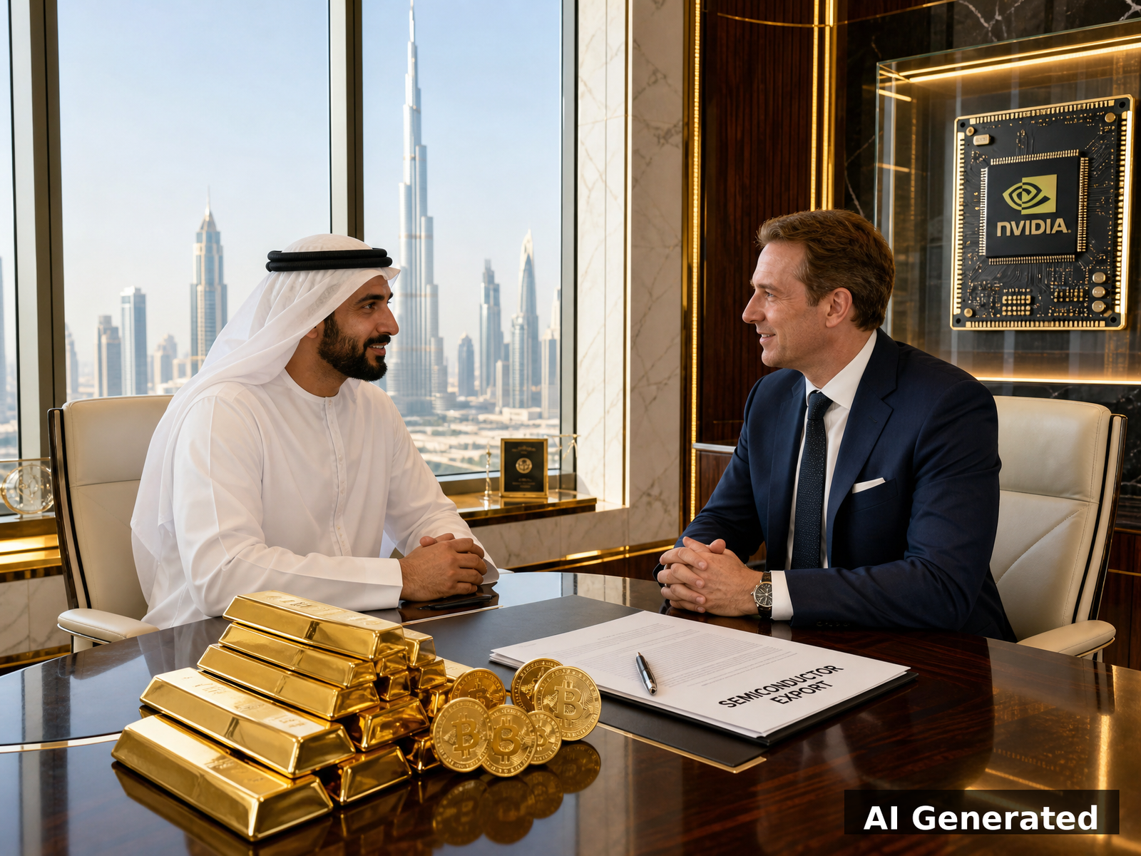 Arab sheikh meeting with tech executive with gold bars on desk representing UAE investment in Trump crypto