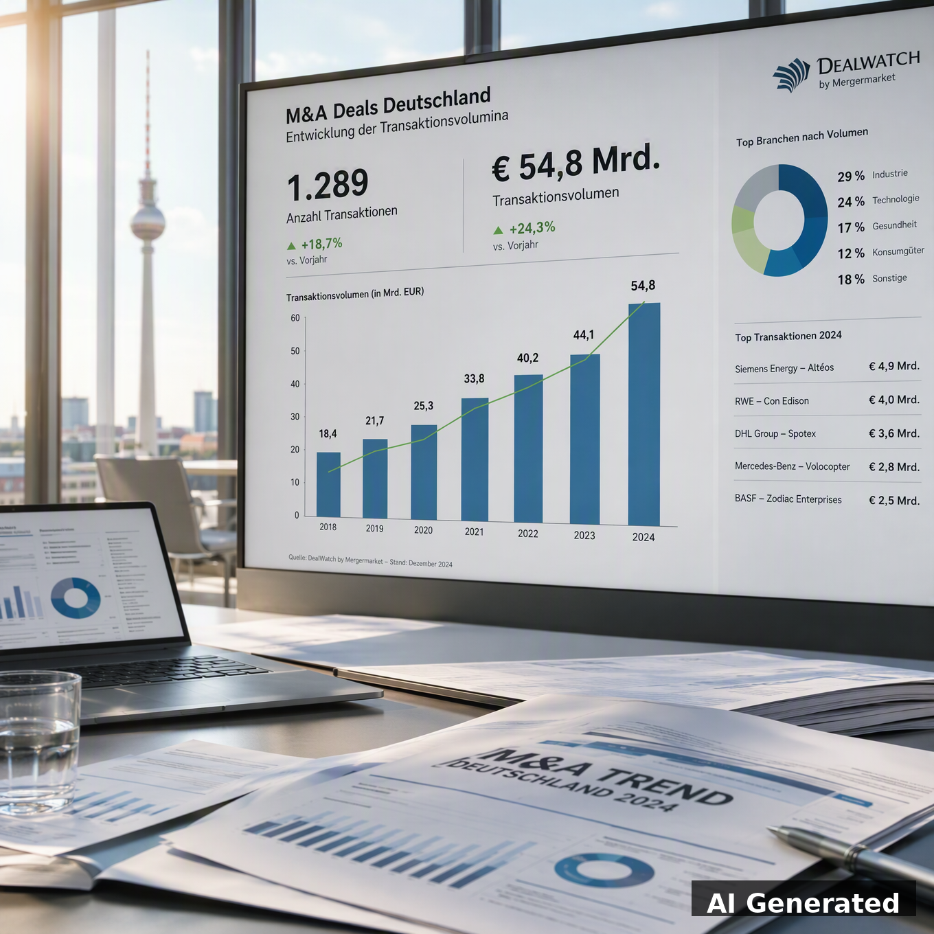 AI Generated financial charts showing staggering M&A deal volumes in Germany
